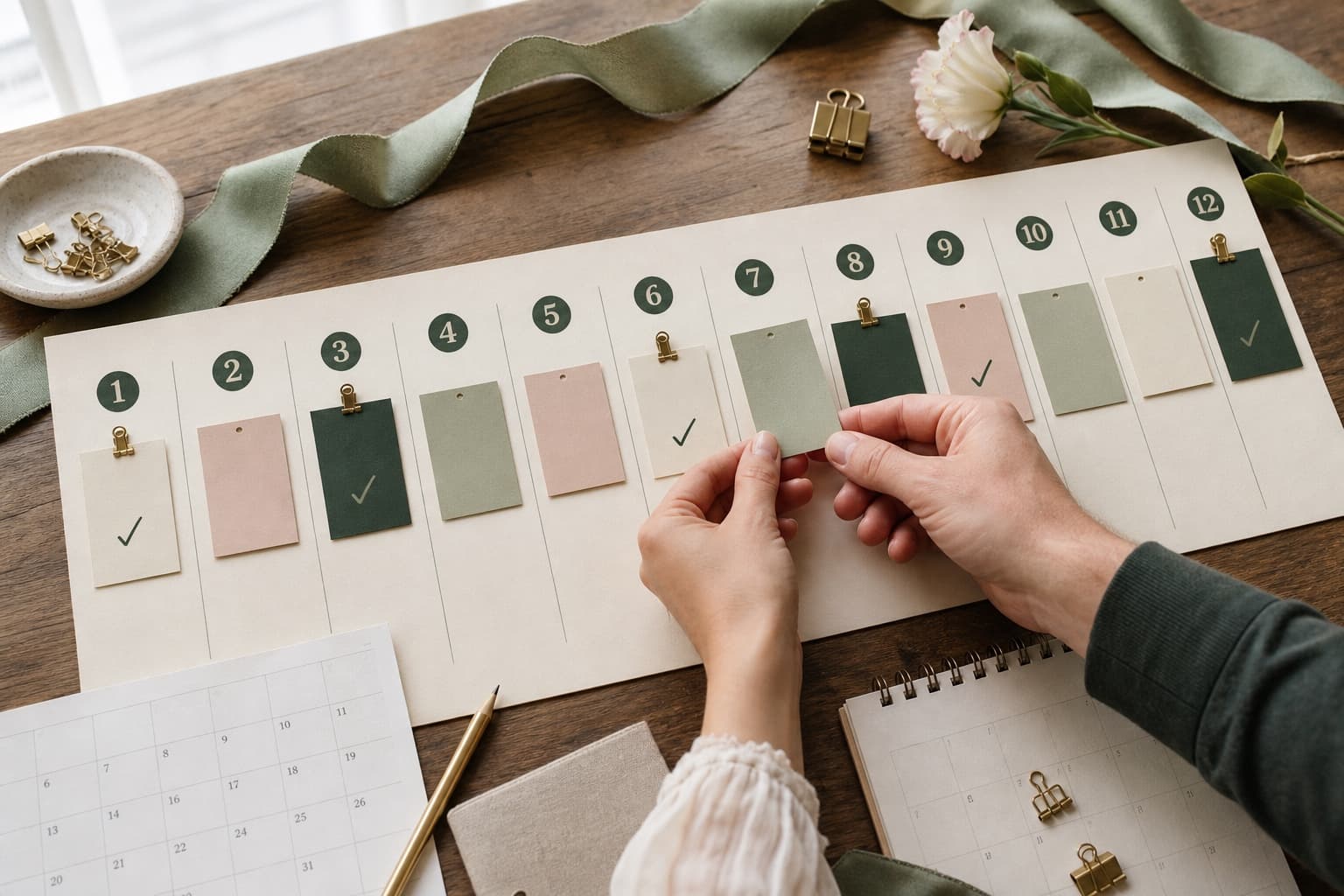 Hands moving a wedding task across a twelve-month planning board with completed milestones.
