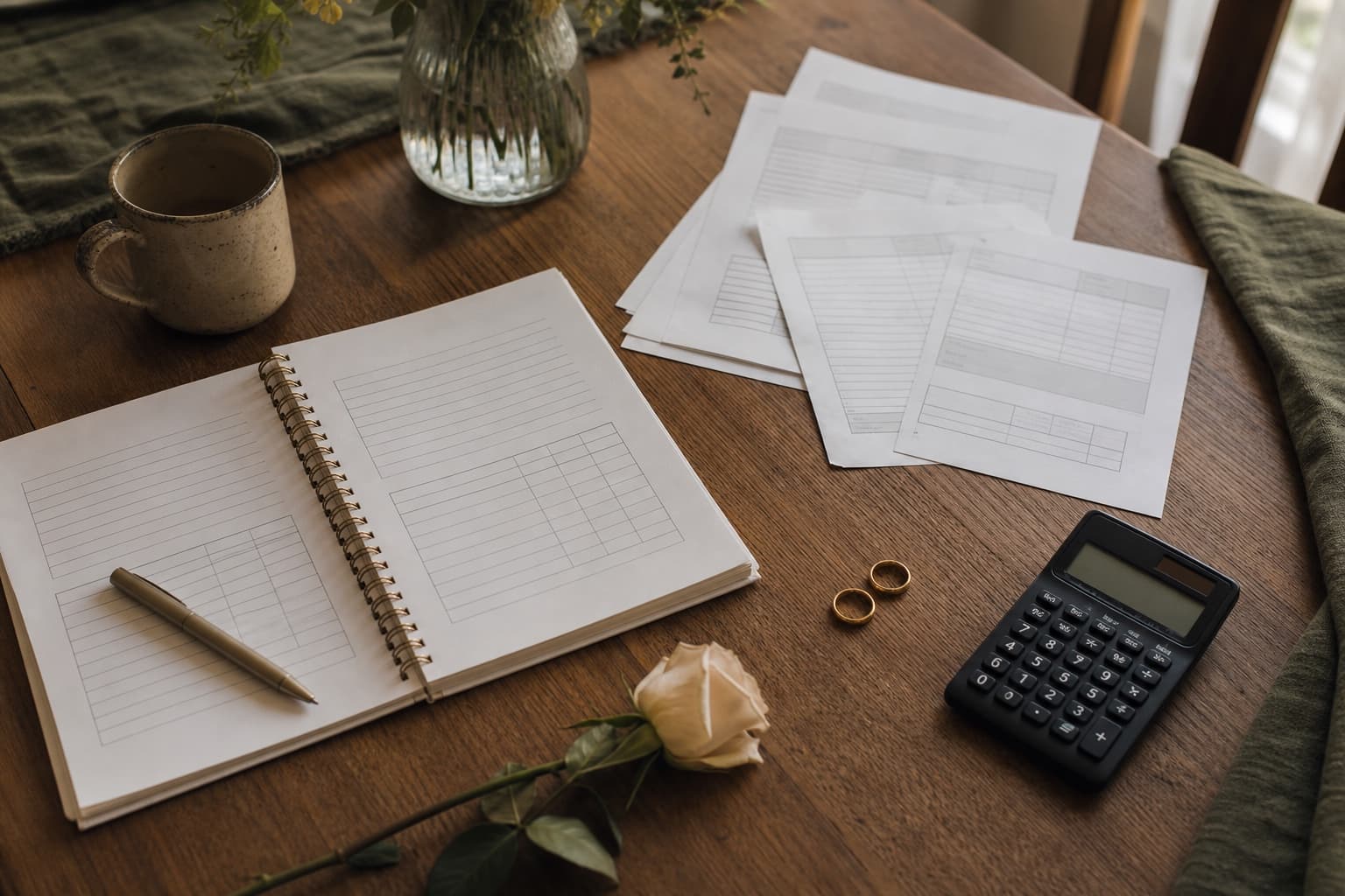 Wedding budget worksheet, calculator and vendor quotes arranged on a desk.