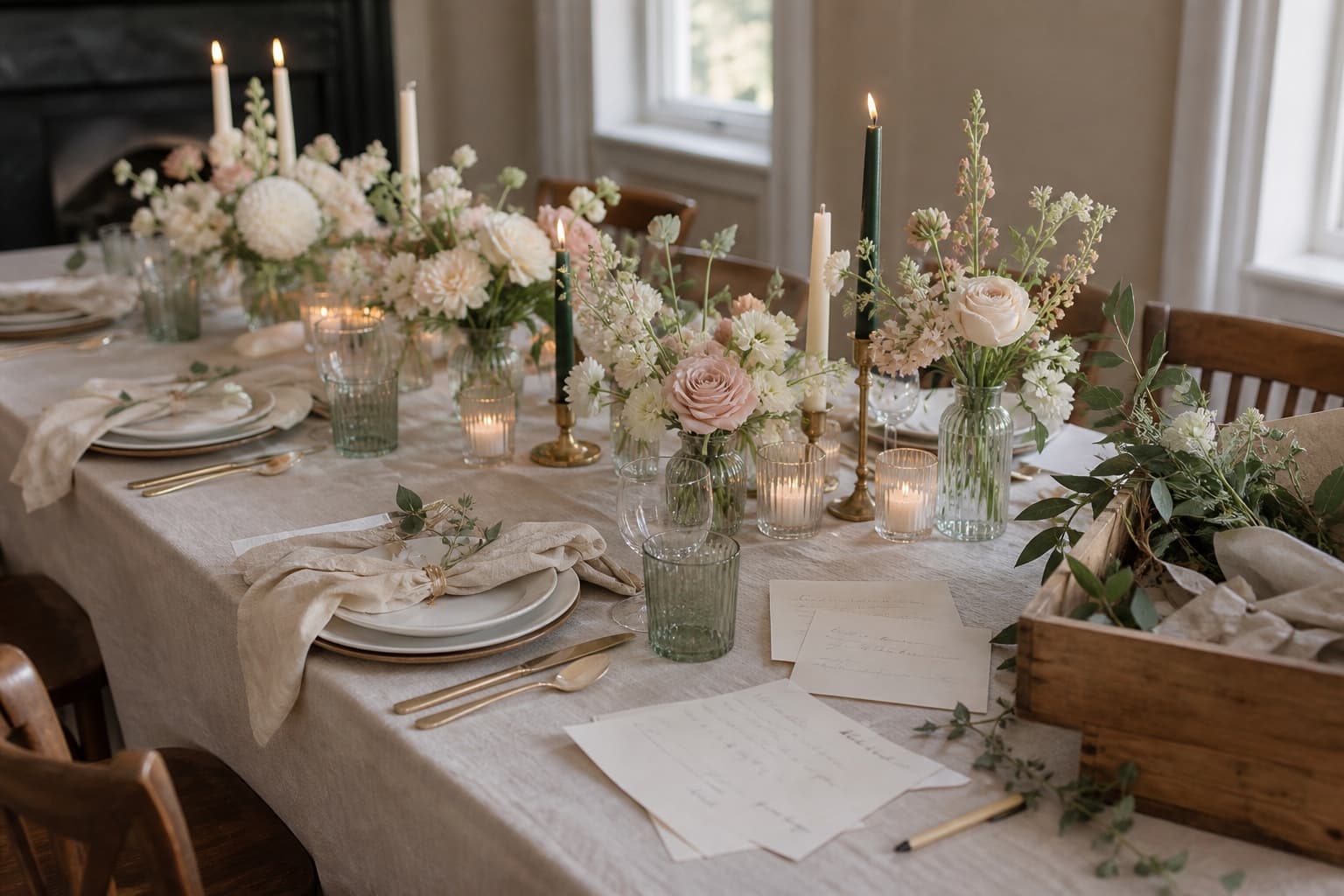 A simple wedding table centerpiece made from candles, bud vases and seasonal greenery.