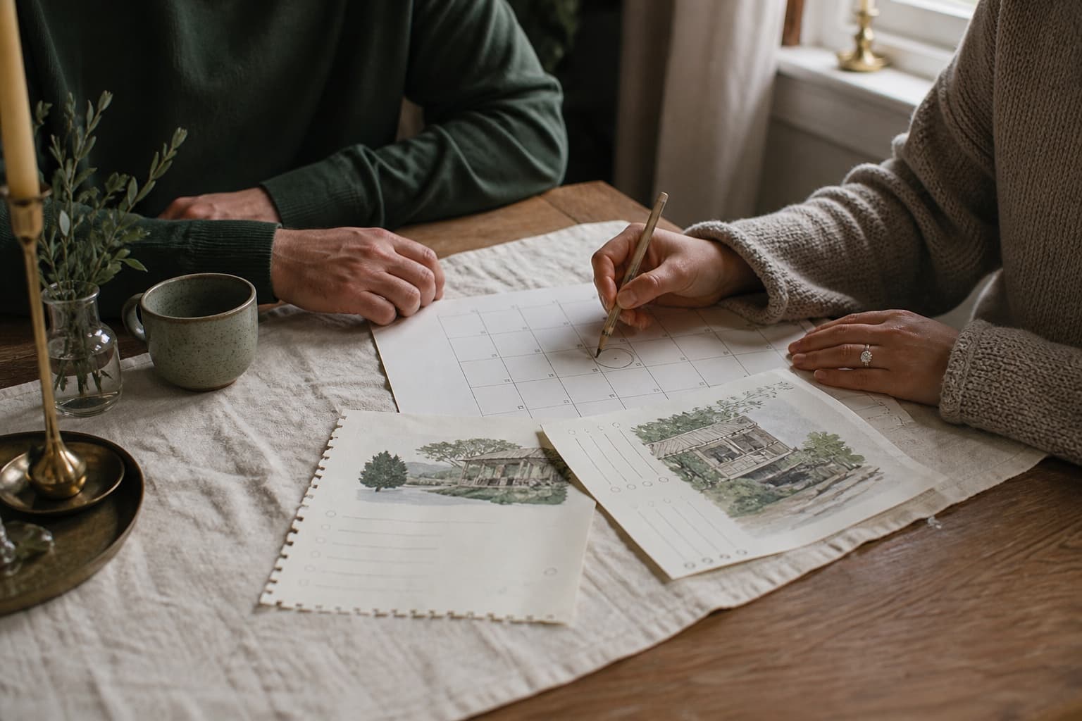 A calendar, venue notes and budget figures arranged to compare possible wedding dates.