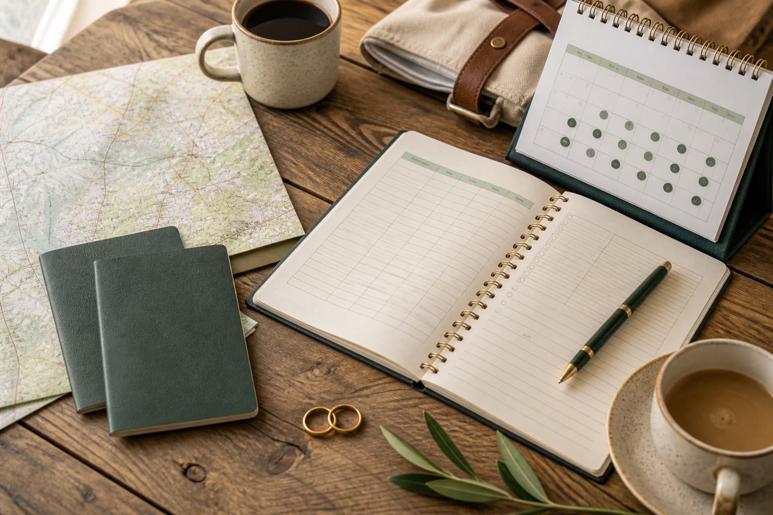 A travel budget worksheet, two passports and a simple route map beside wedding rings.