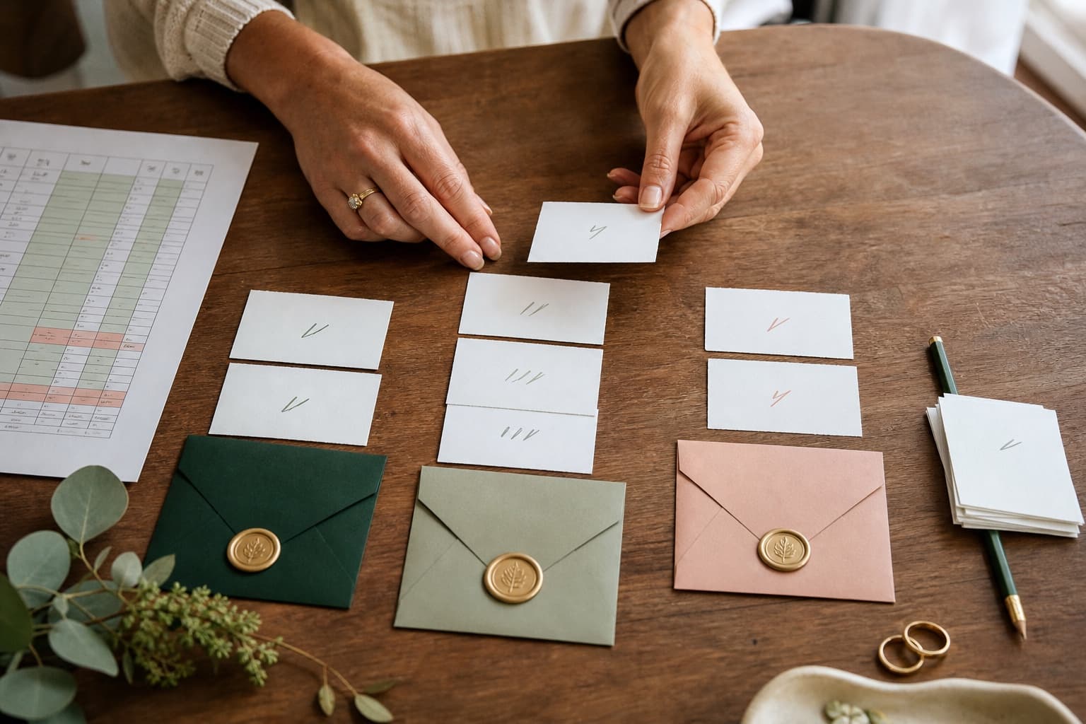 Hands sorting wedding guest cards into household groups beside envelopes and a guest-list sheet.