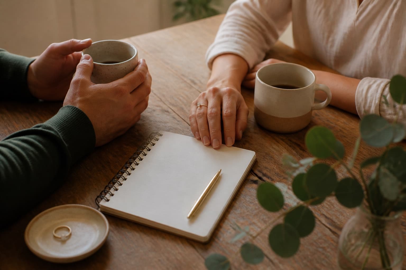 An engaged couple's hands beside coffee cups and a blank notebook at a kitchen table.