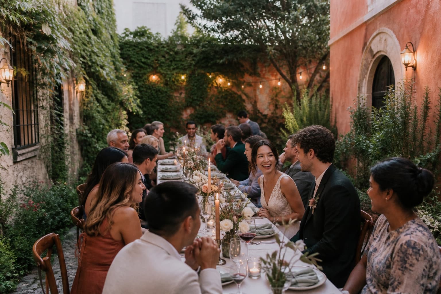 A long dinner table set for a small wedding with handwritten place cards and low flowers.