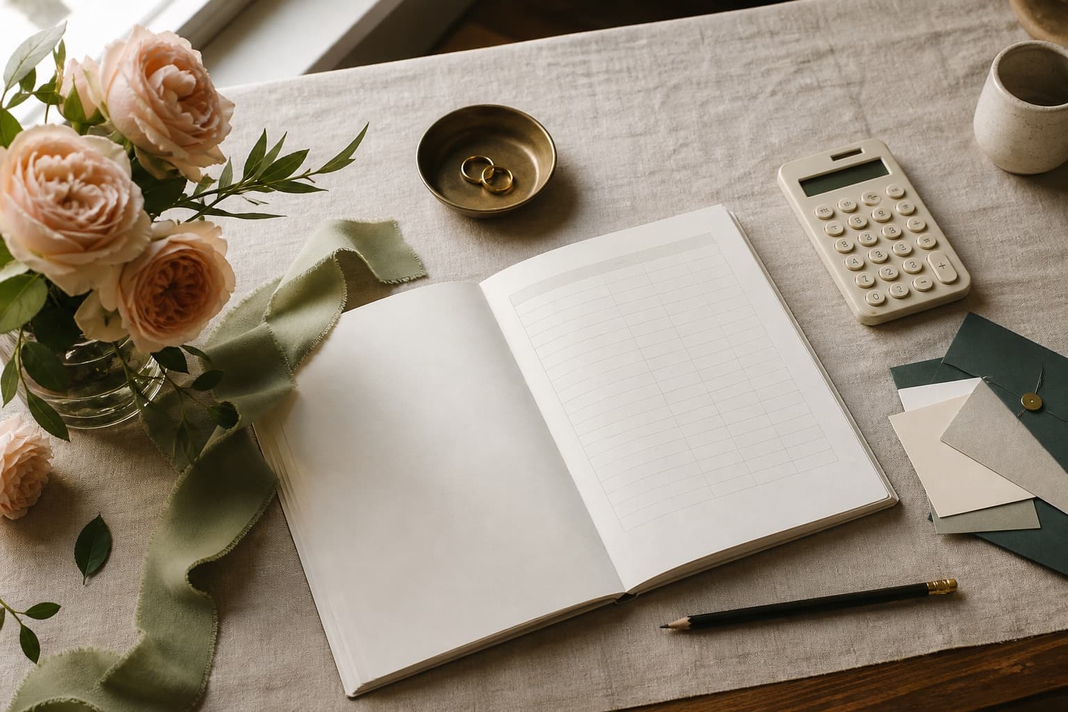 Ten-thousand-dollar wedding budget worksheet beside a calculator and simple flowers.