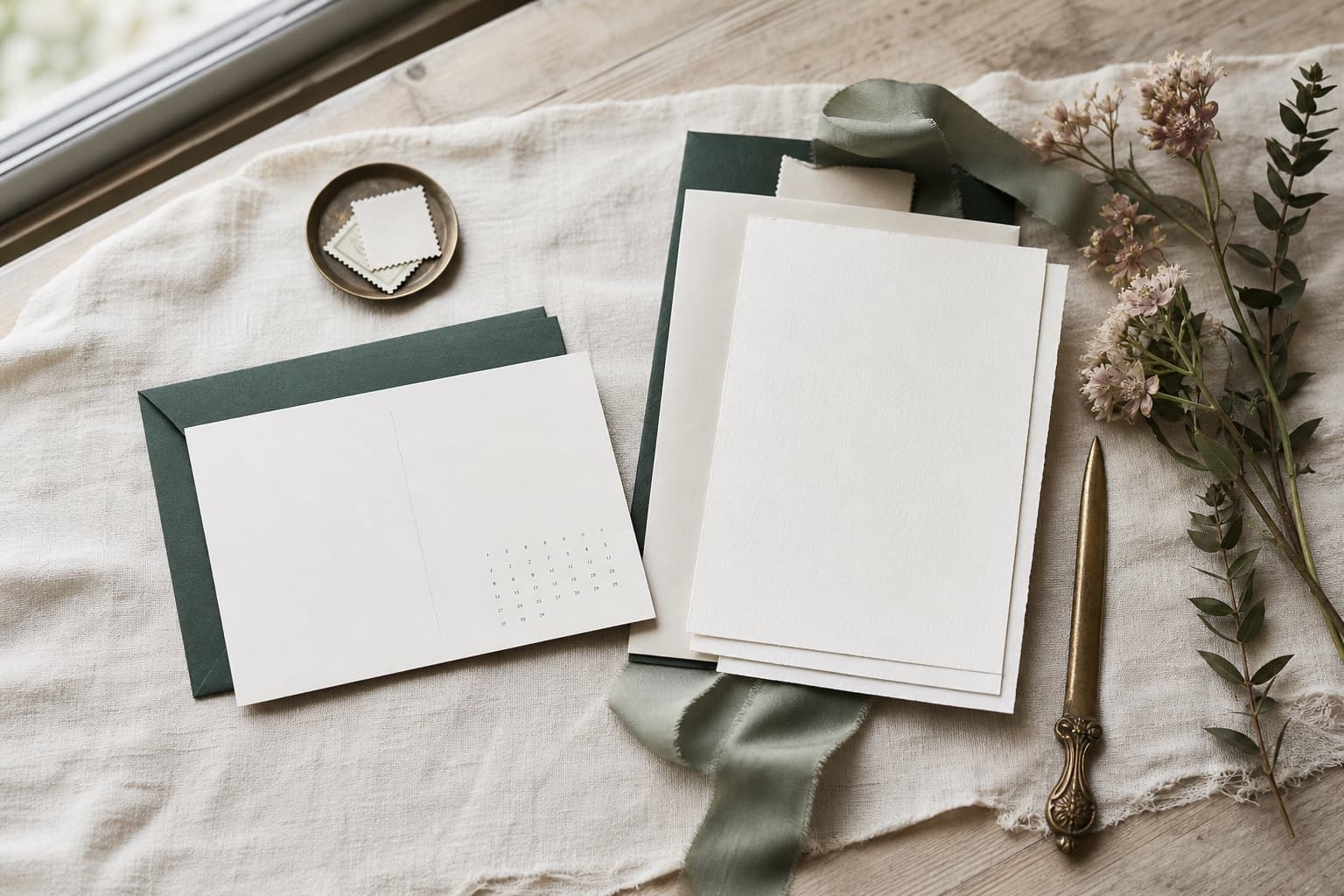 Save-the-date card and wedding invitation arranged beside a calendar and addressed envelopes.