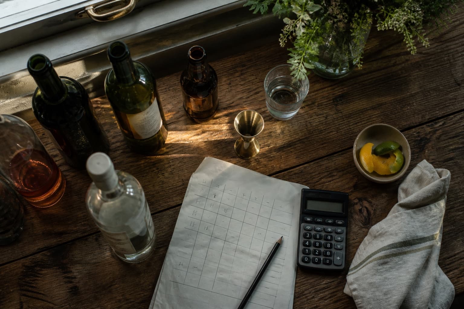 Wine, beer and spirit bottles beside a handwritten wedding bar calculation sheet.