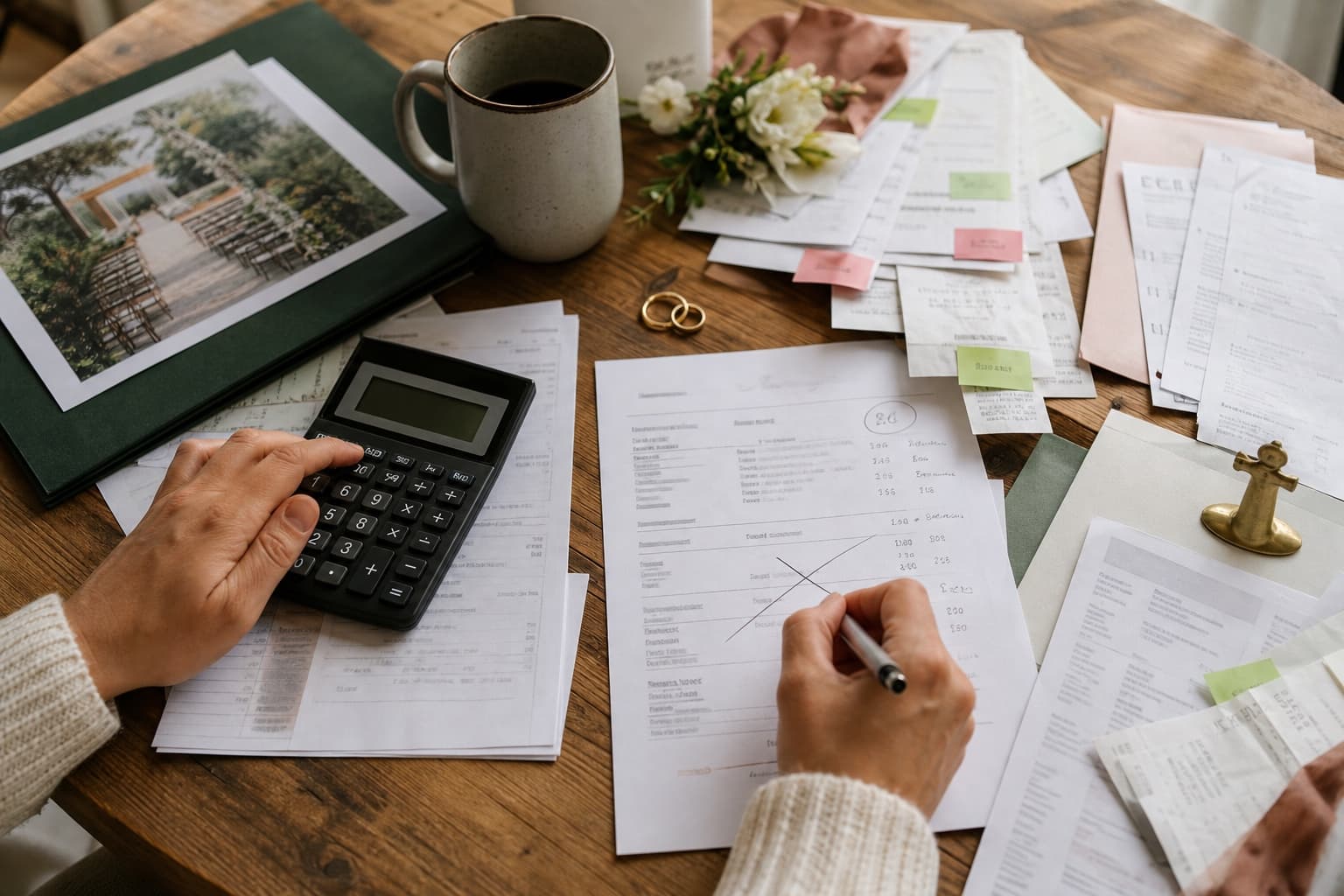 Hands reviewing vendor quotes with a calculator, receipts and colour-coded wedding budget categories.