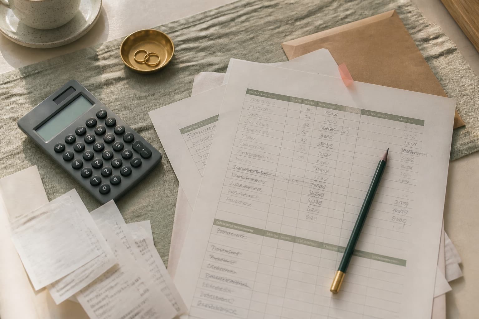 Wedding budget worksheet with highlighted cost errors, calculator and pencil.