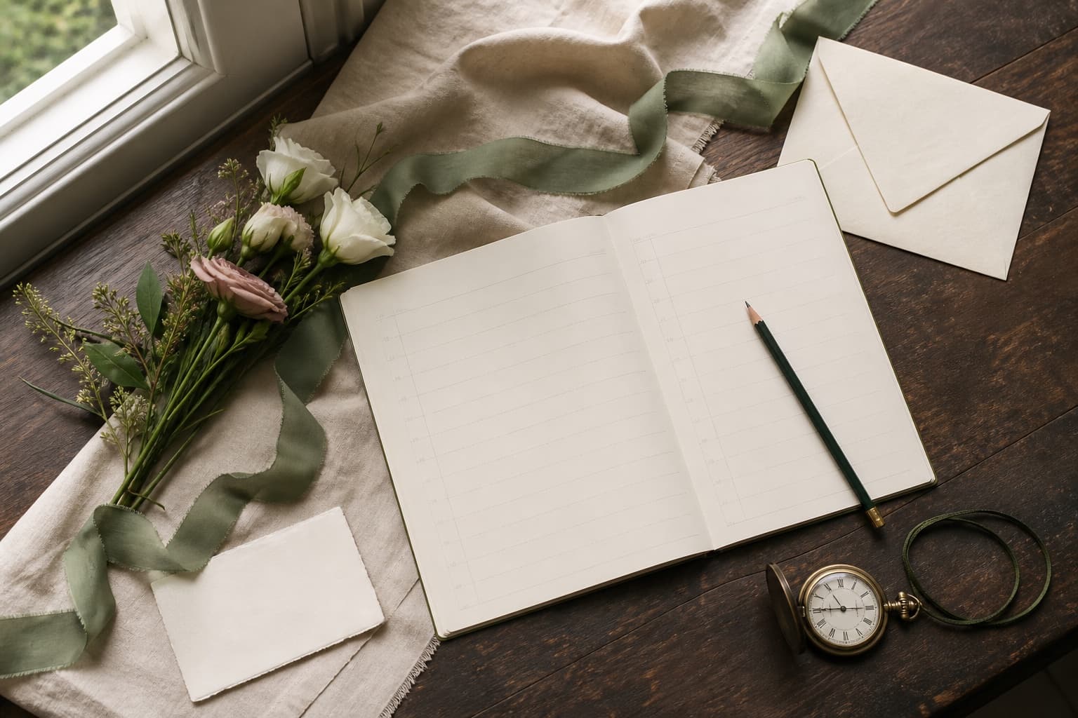 Printed wedding day timeline with a watch, place card and simple flowers.