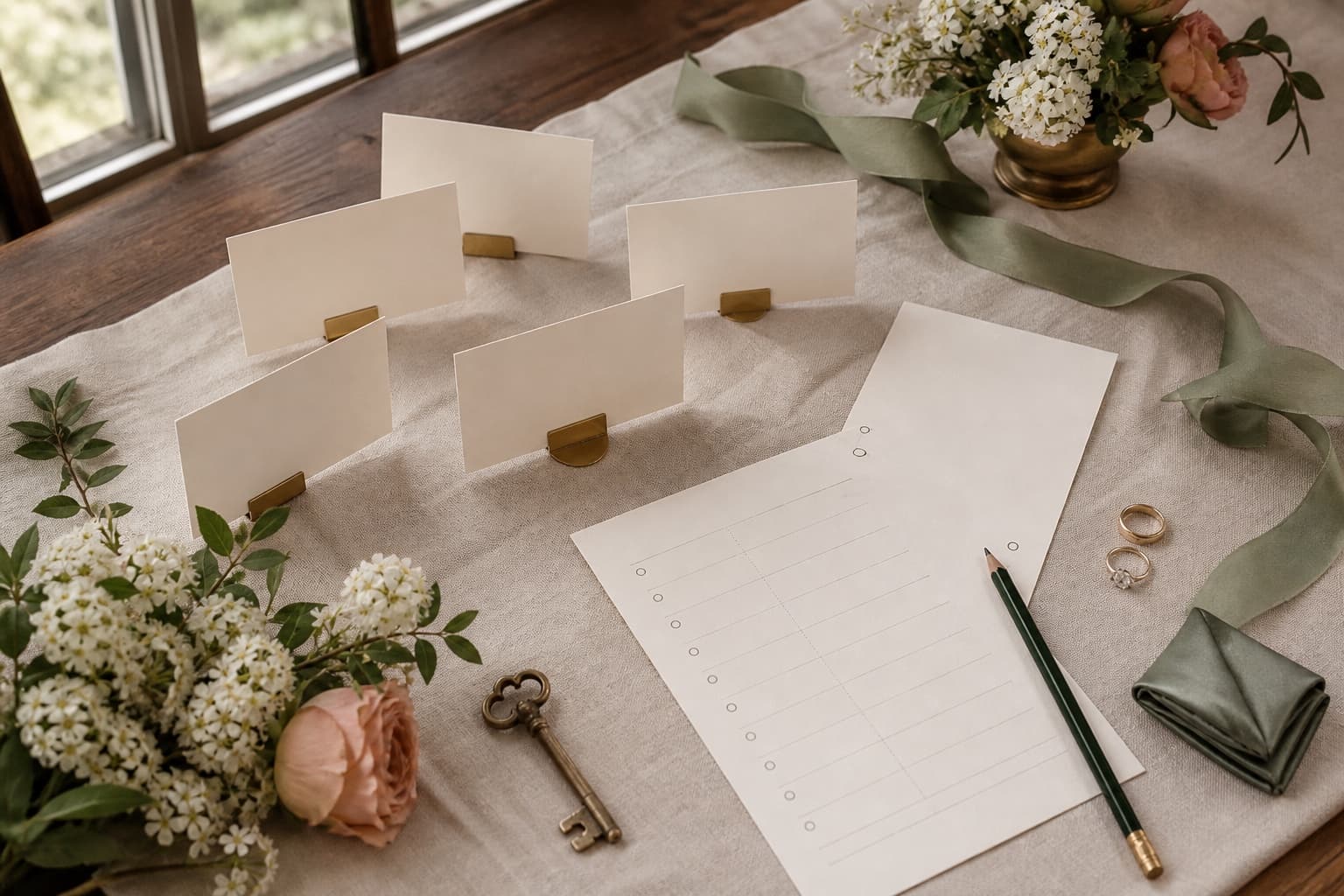 Wedding party members reviewing clearly labelled responsibility cards around a table.