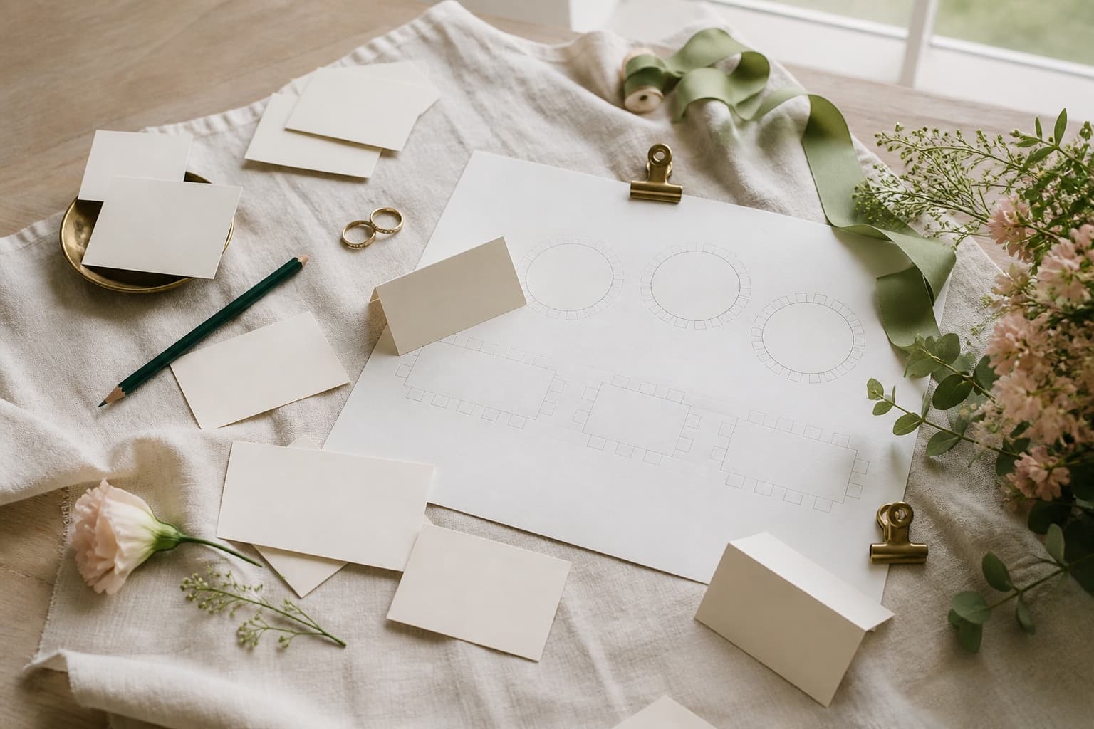 Wedding seating chart worksheet with table circles, guest cards and a pencil.