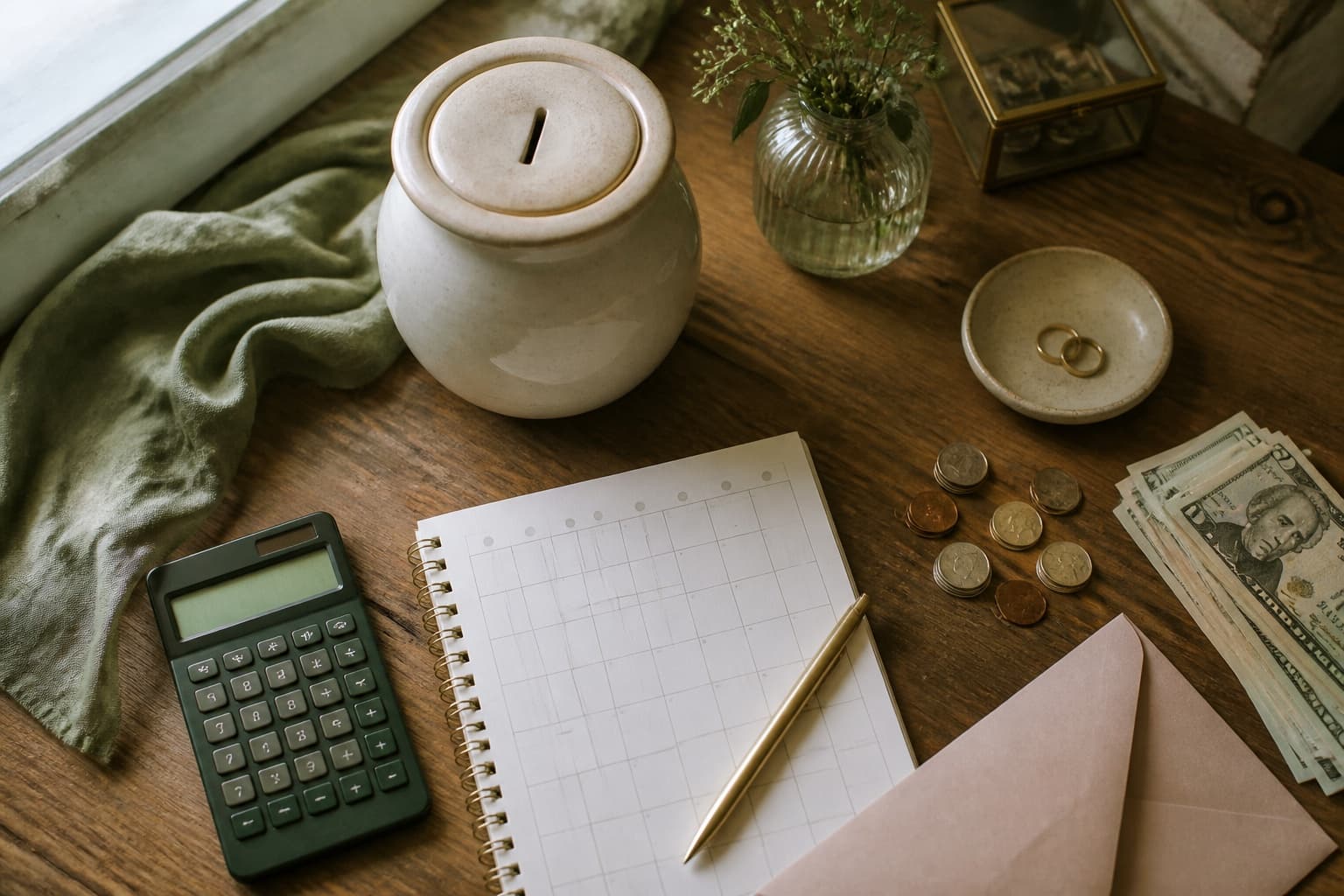 Wedding savings tracker, calculator and labelled sinking-fund envelopes on a desk.