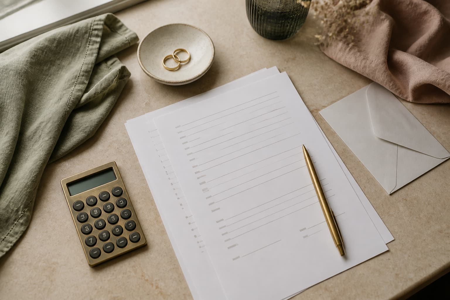 Wedding vendor agreement, pen and review checklist arranged on a clean desk.