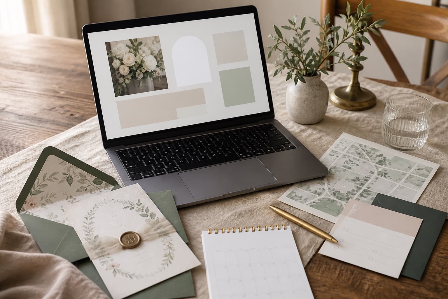 A laptop displaying a simple wedding information page beside an invitation and calendar.